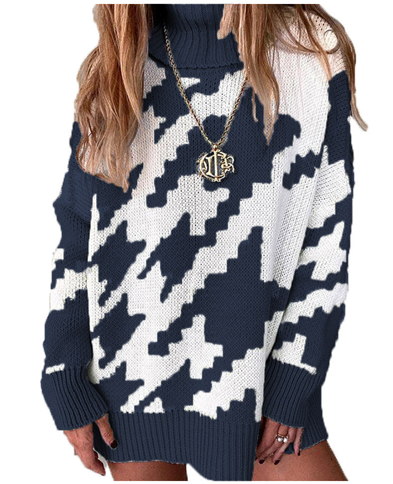 Damen Strickpullover mit hohem Kragen und modernem Zickzack-Muster Drune