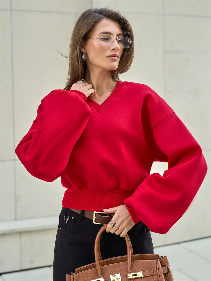 Damen Modischer Oversized-Sweater mit V-Ausschnitt und weiten Ärmeln Drune