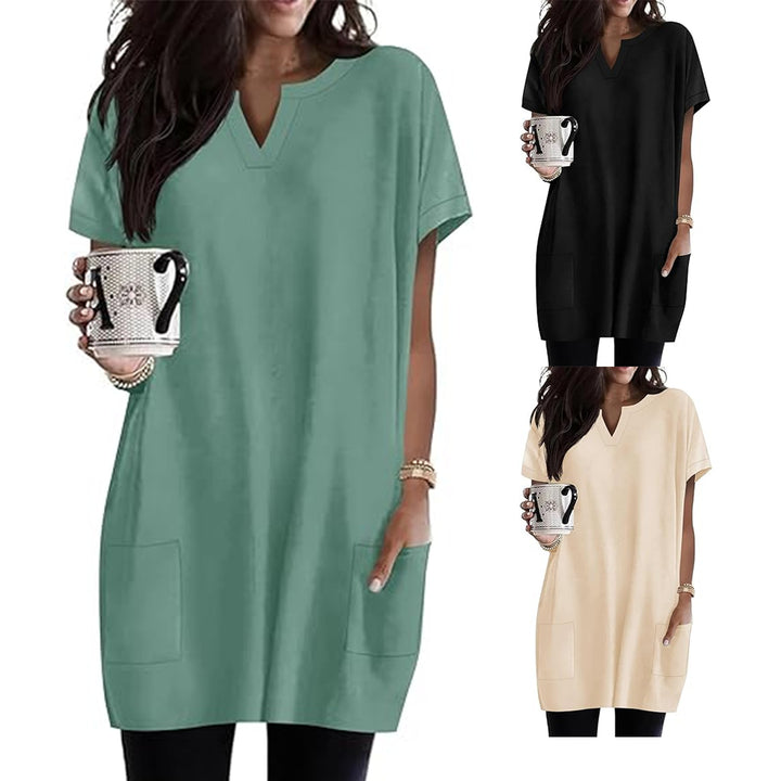 Damen lässiges Tunika-Kleid mit V-Ausschnitt und Taschen Drune