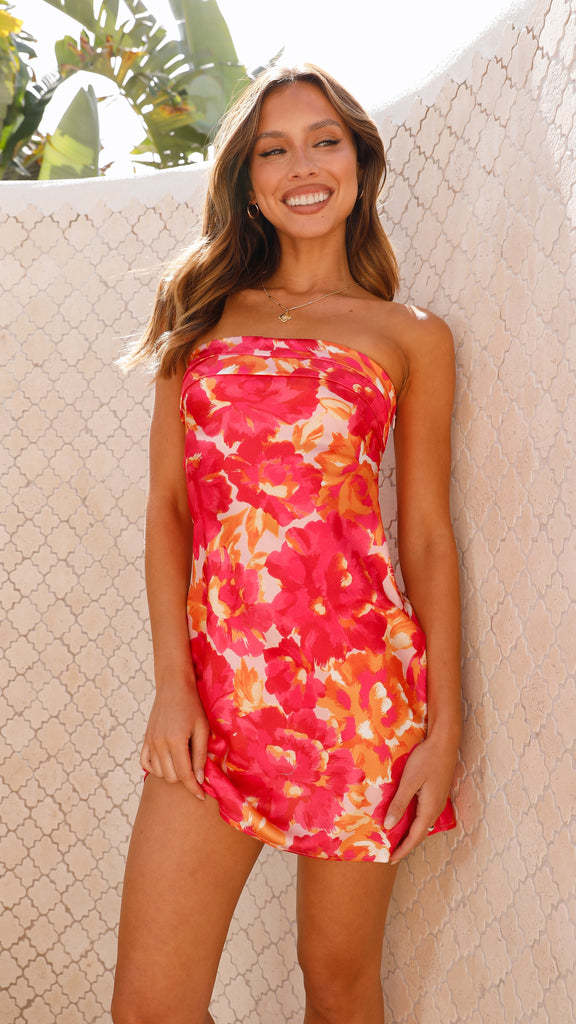 Damen flirtendes Minikleid im Bandeau-Stil mit floralen Akzenten und schwingendem Saum Drune