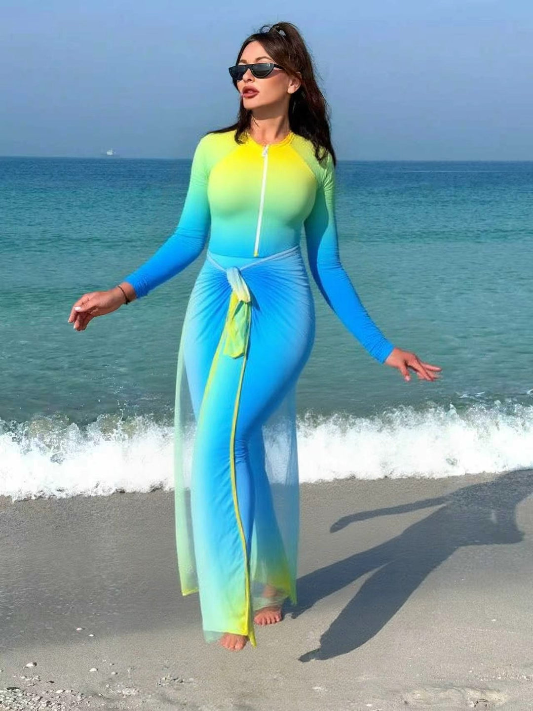 Damen sportlicher Langarm-Schwimmanzug mit Reißverschluss und Wickeloptik Drune