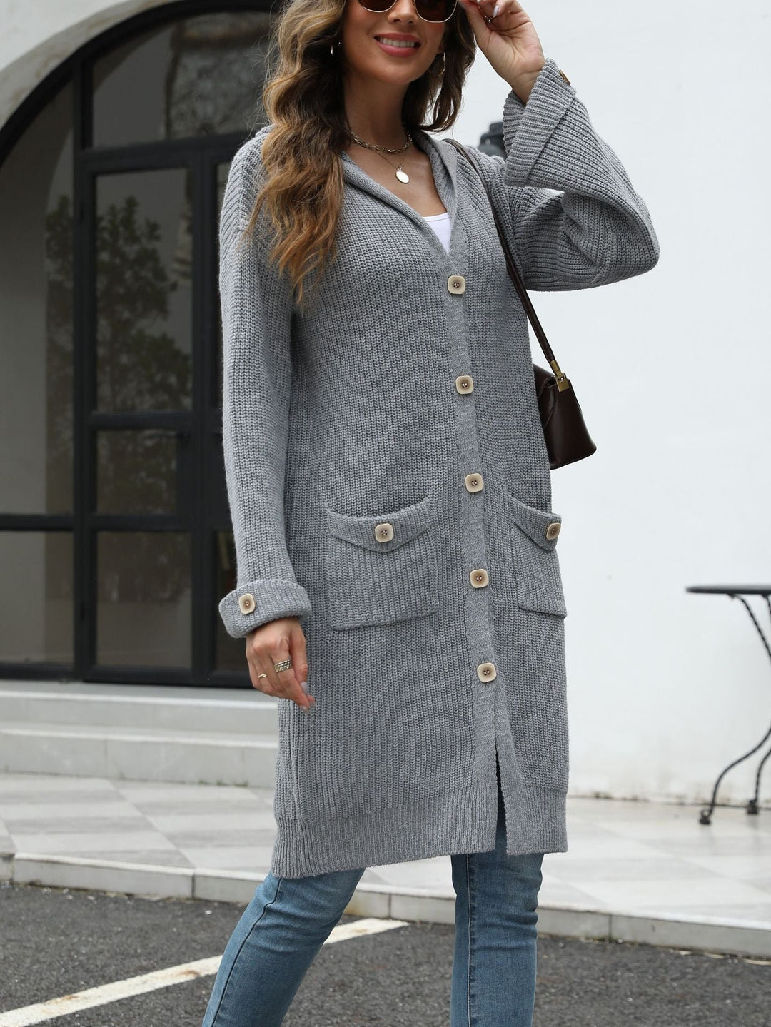 Drune | Lange Strickjacke Kapuze und Knopverschluss Lässiger Komfort
