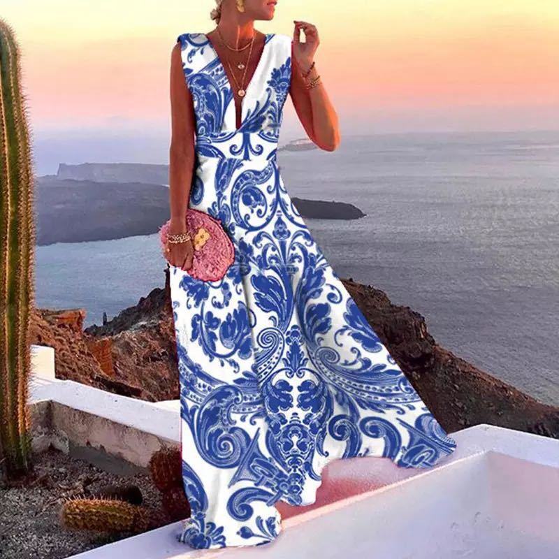 Damen Maxikleid mit geometrischem Schnitt und tiefem V-Ausschnitt Drune
