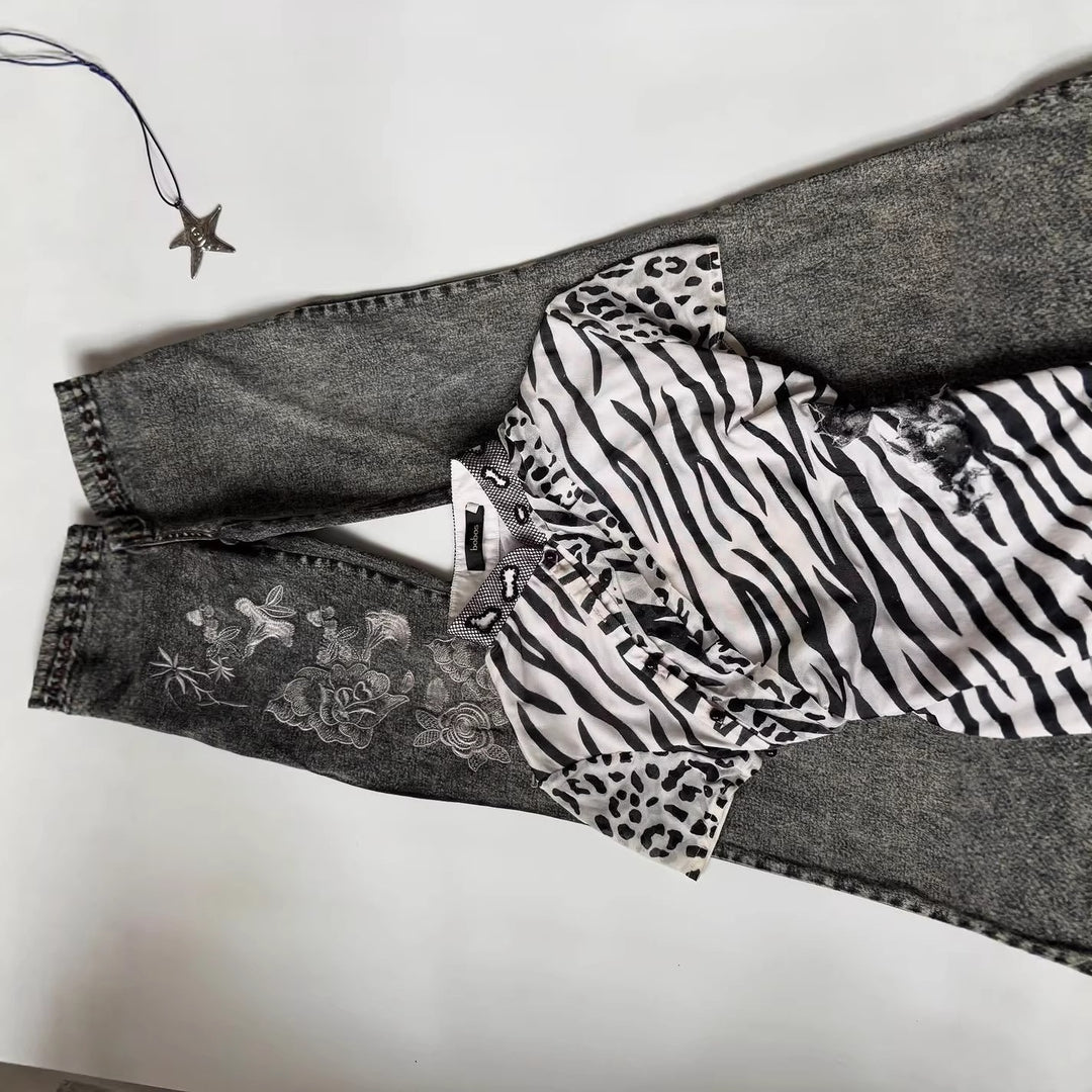 Damen Modisches T-Shirt mit tierischem Muster und dekorativem Kragen Drune