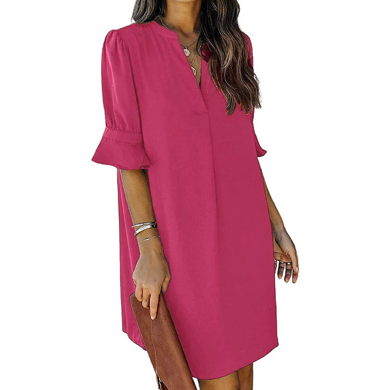 Damen lässiges Kurzarmkleid mit V-Ausschnitt und Rüschendetails Drune