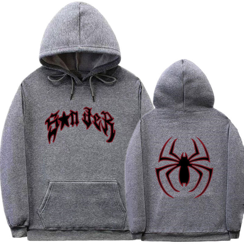 Damen Kapuzenpullover mit auffälligem Spinnenmotiv und grobem Schriftzug Drune