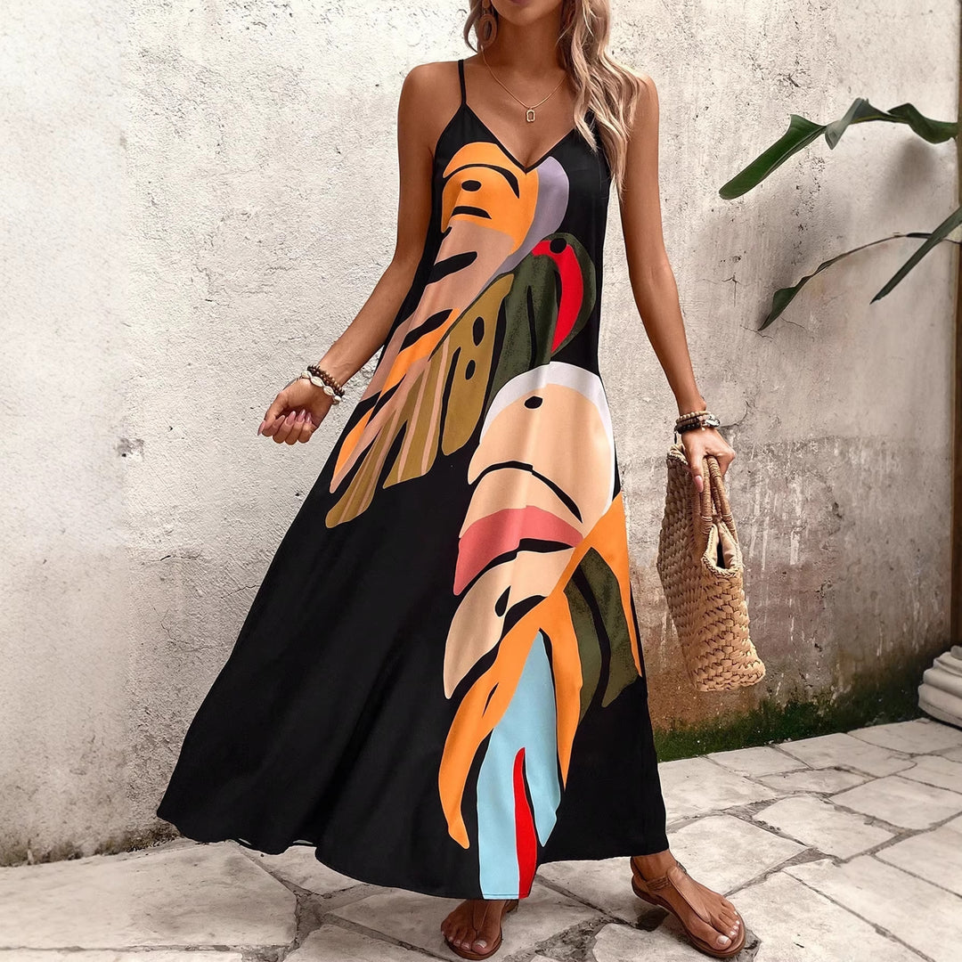 Damen Maxi Kleid mit buntem Pflanzenmuster Drune