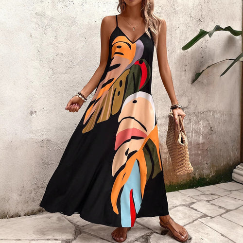 Damen Maxi Kleid mit buntem Pflanzenmuster Drune