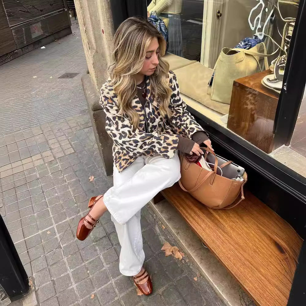 Damen Kurze Leopardenjacke im urbanen Stil mit praktischen Taschen Drune