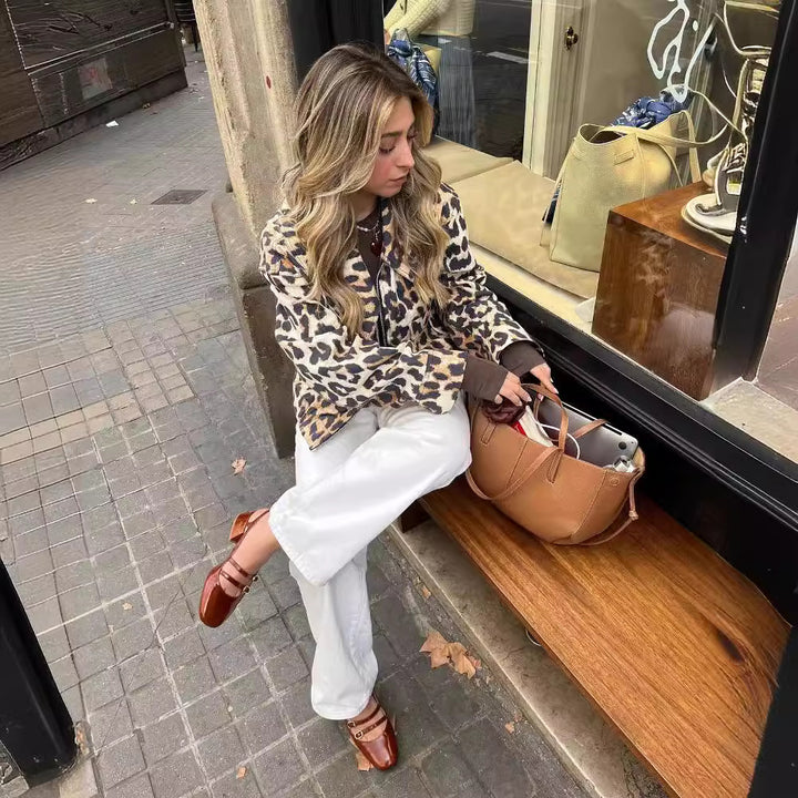 Damen Kurze Leopardenjacke im urbanen Stil mit praktischen Taschen Drune