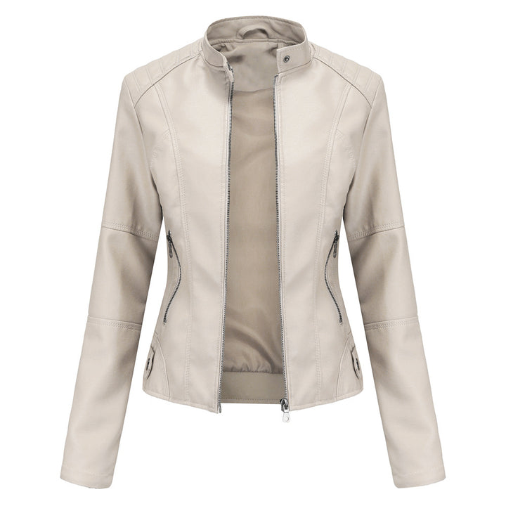 Damen nan schlanke Kunstlederjacke im Bikerstil mit Stehkragen und formenden Abnähern Drune