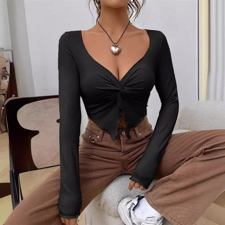 Damen figurbetontes Langarmshirt mit trendy Knotendetail Drune