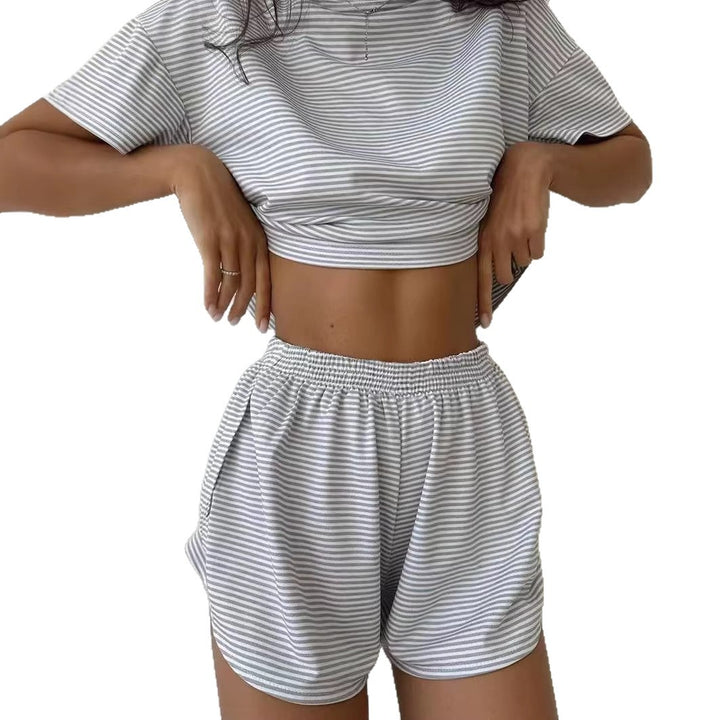 Damen lässiges Crop-Top und Short-Set mit gestreiftem Muster Drune