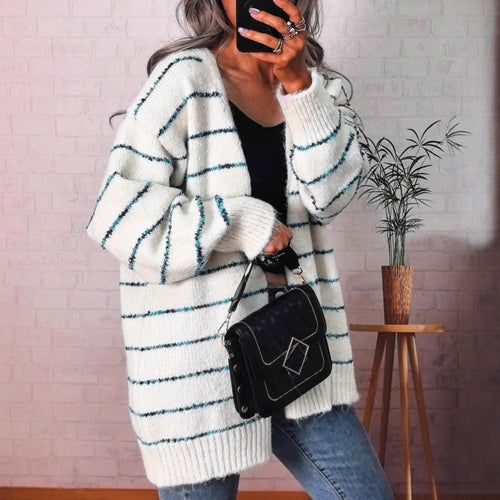 Damen kuschelige Strickjacke mit kontrastierenden Streifen Drune