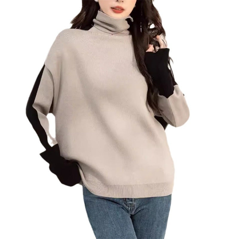 Damen Oversized Pullover mit modernem Rollkragen und kontrastierenden Ärmelakzenten Drune