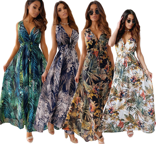 Damen Maxikleid mit V-Ausschnitt und raffiniertem Bindegürtel Drune