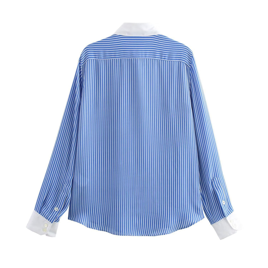 Drune | Modische Blau Weiß Gestreifte Revers Vielseitige Bluse