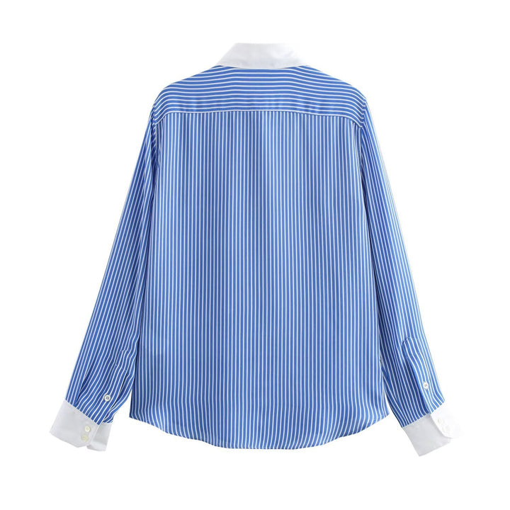 Drune | Modische Blau Weiß Gestreifte Revers Vielseitige Bluse