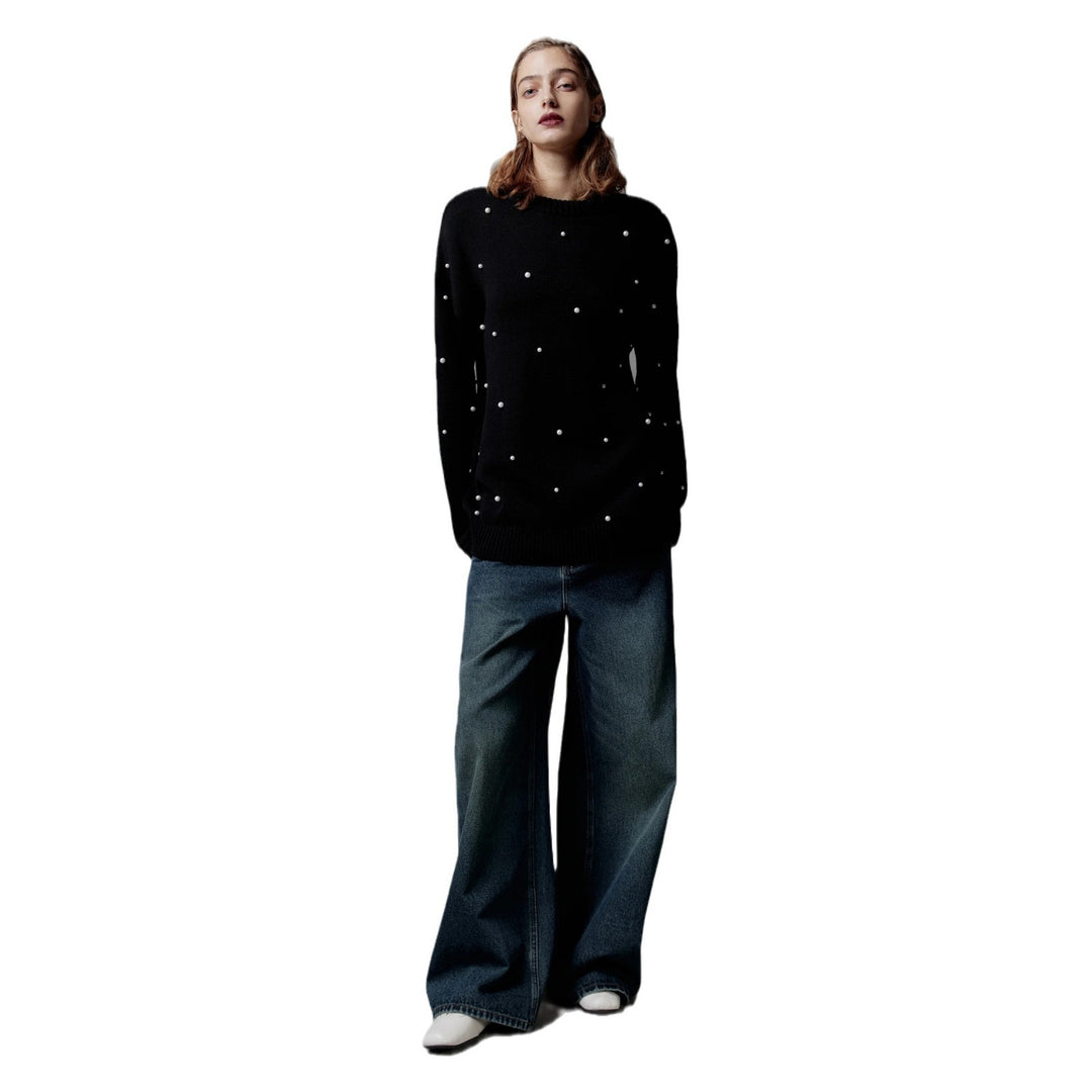 Damen Grobstrickpullover mit Perlenausschnitte Drune