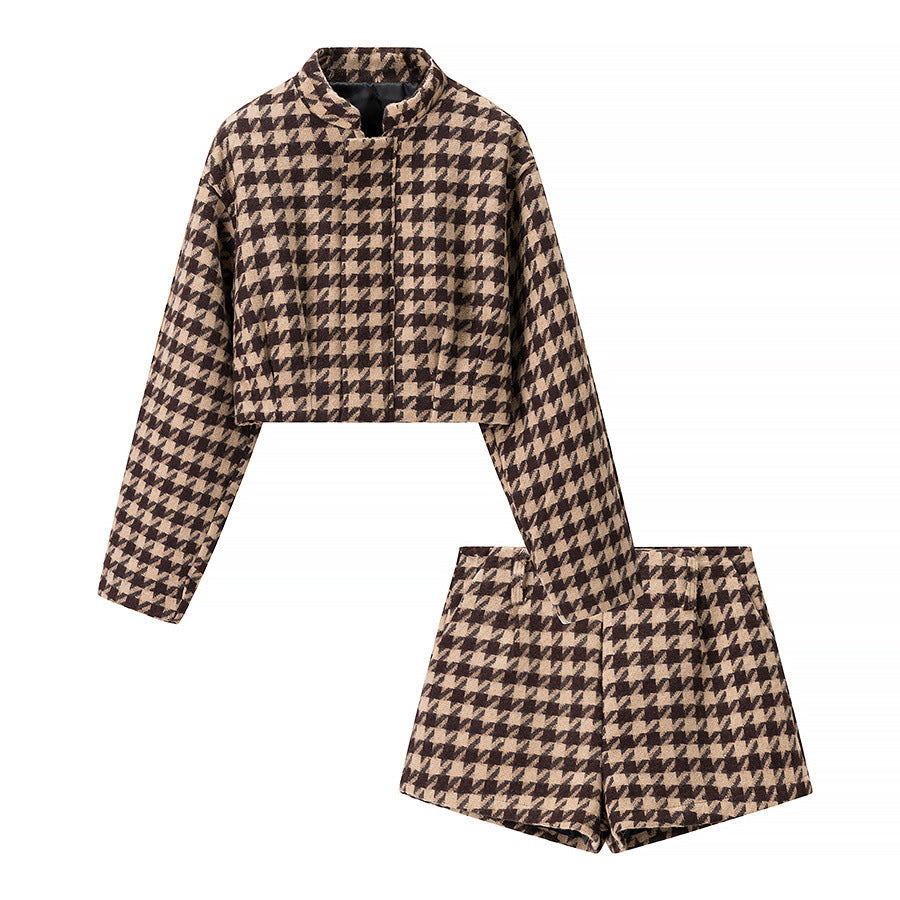 Damen modisches cropped Set mit Karomuster und elegantem Stehkragen Drune