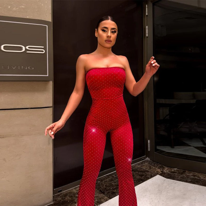 Damen schulterfreier Jumpsuit mit eleganten Pailletten und Schuhschnallen Drune