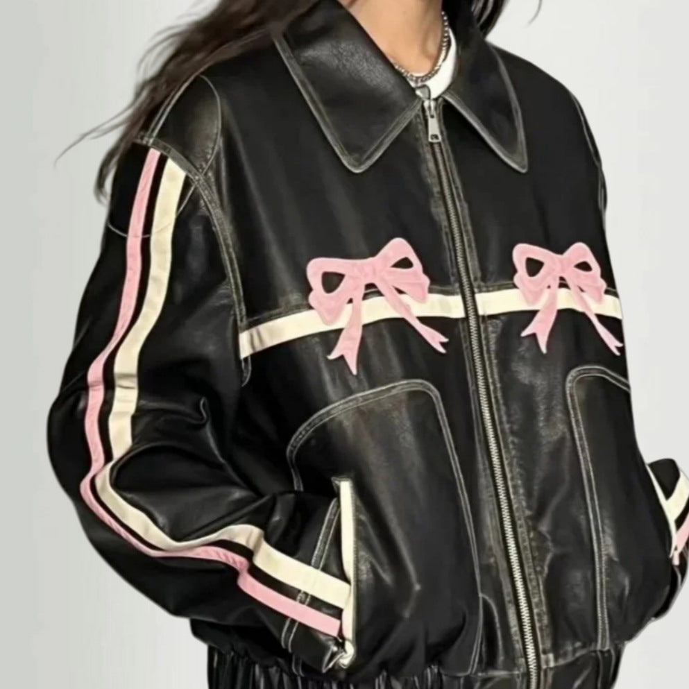 Damen lässige Kunstlederjacke mit verspielten Schleifendetails Drune