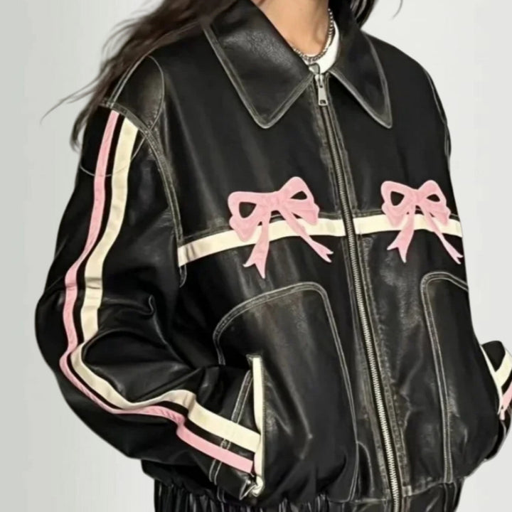 Damen lässige Kunstlederjacke mit verspielten Schleifendetails Drune