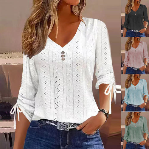 Damen Blusenshirt mit raffiniertem Lochmuster und Knopfdetails Drune