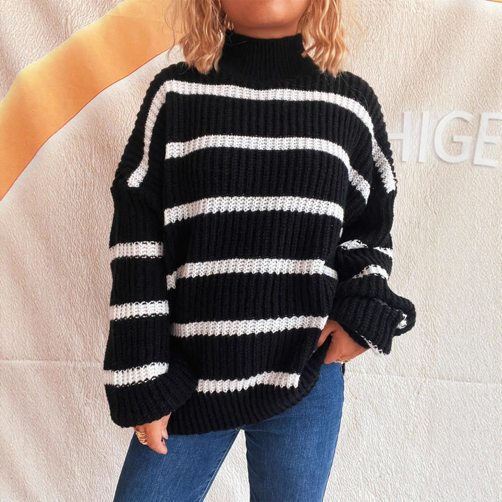 Damen Strickpullover mit hohem Kragen und modischem Streifenmuster Drune