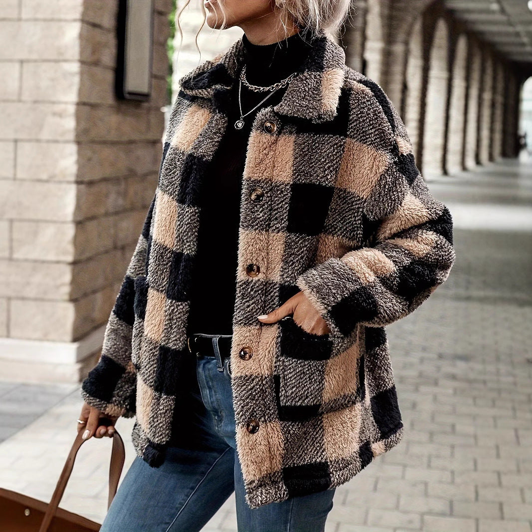 Damen Plüschjacke mit weichem Stoff und stylischem Karomuster Drune