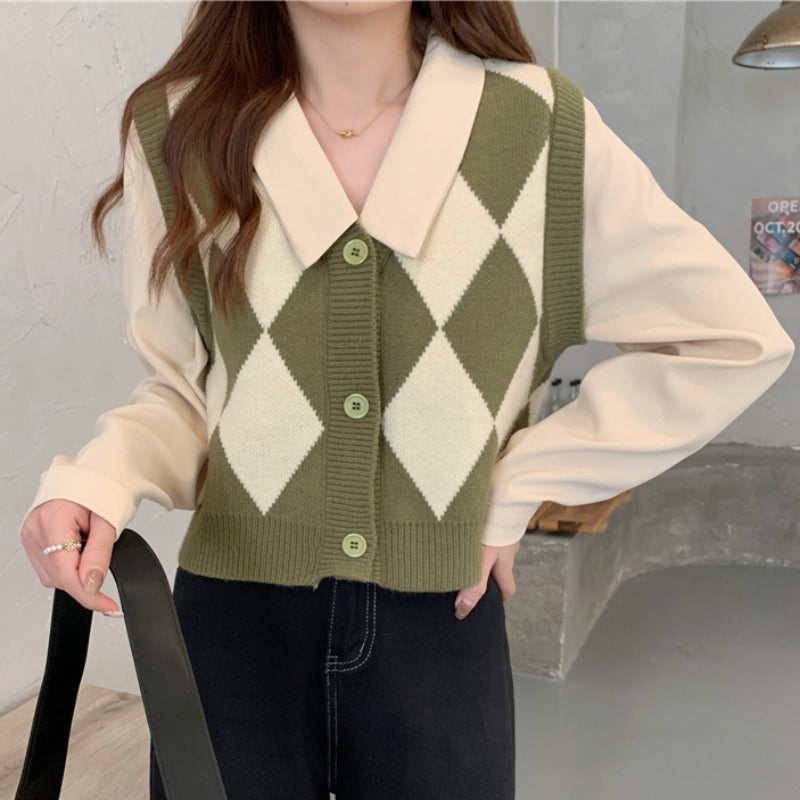 Damen Stilvolle Weste mit Rauten-Muster und Hemdkragen Drune