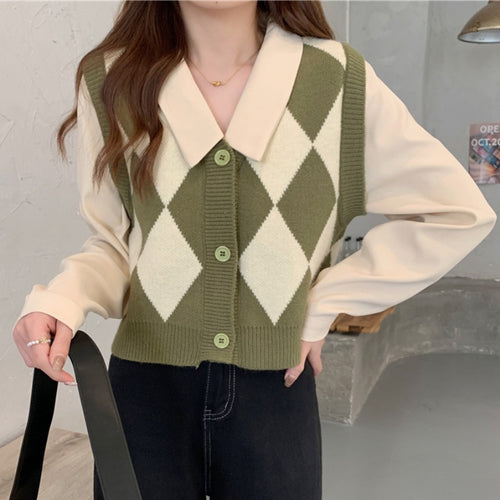 Damen Stilvolle Weste mit Rauten-Muster und Hemdkragen Drune