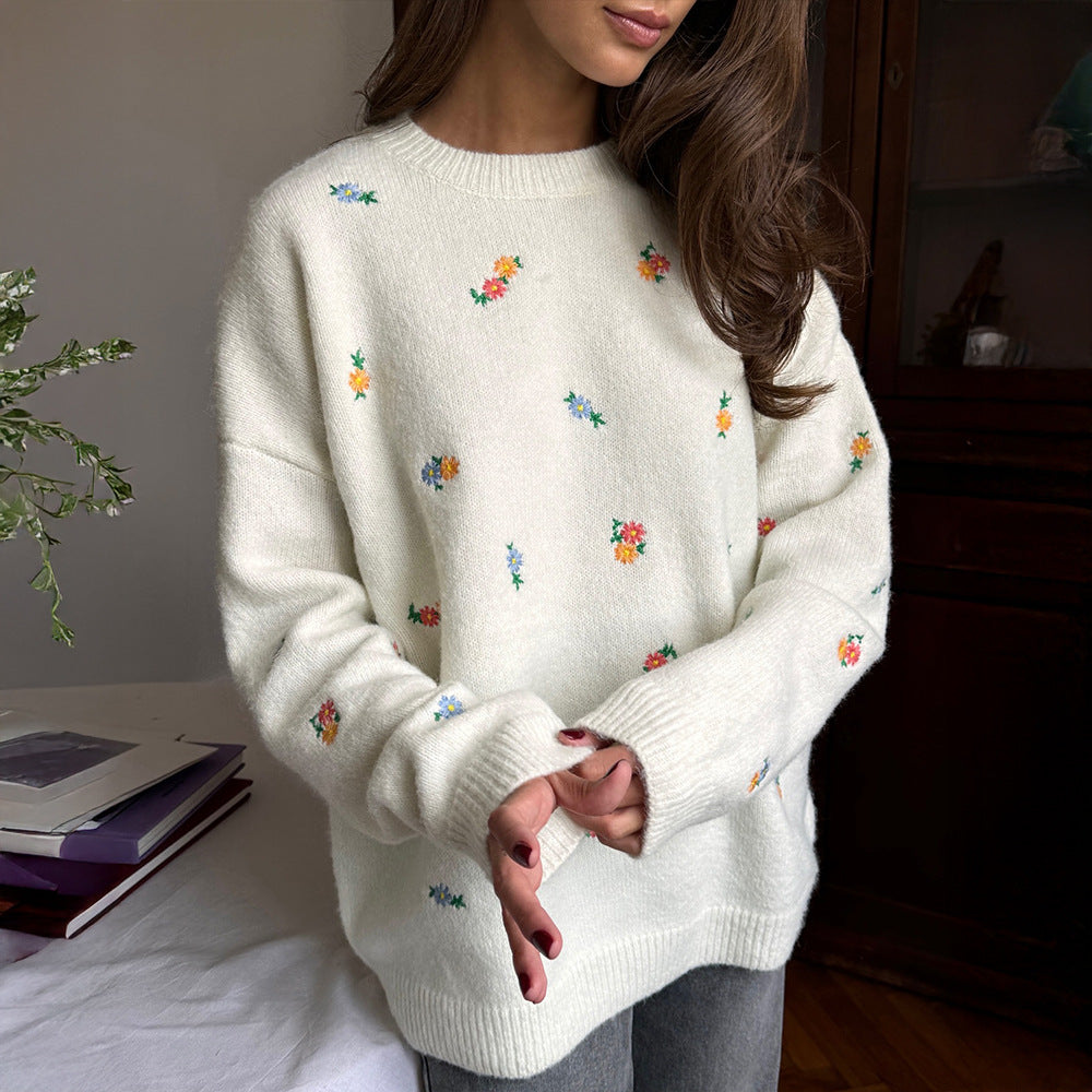 Damen lockerer Strickpullover mit floralem Muster Drune