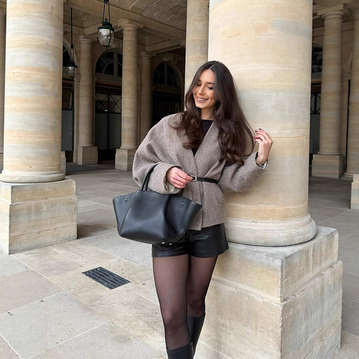 Damen Oversized Wolljacke mit Gürtel und weiten Ärmeln Drune