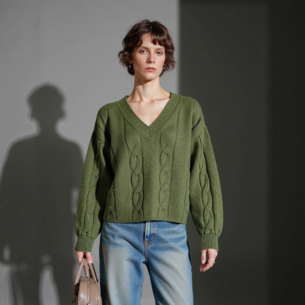 Damen Grobstrickpullover mit V-Ausschnitt und modernen Details Drune