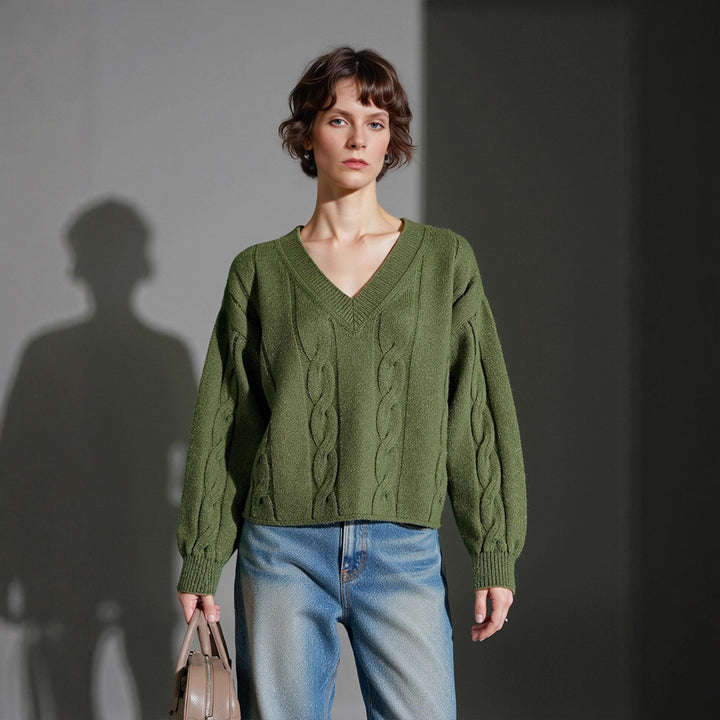 Damen Grobstrickpullover mit V-Ausschnitt und modernen Details Drune