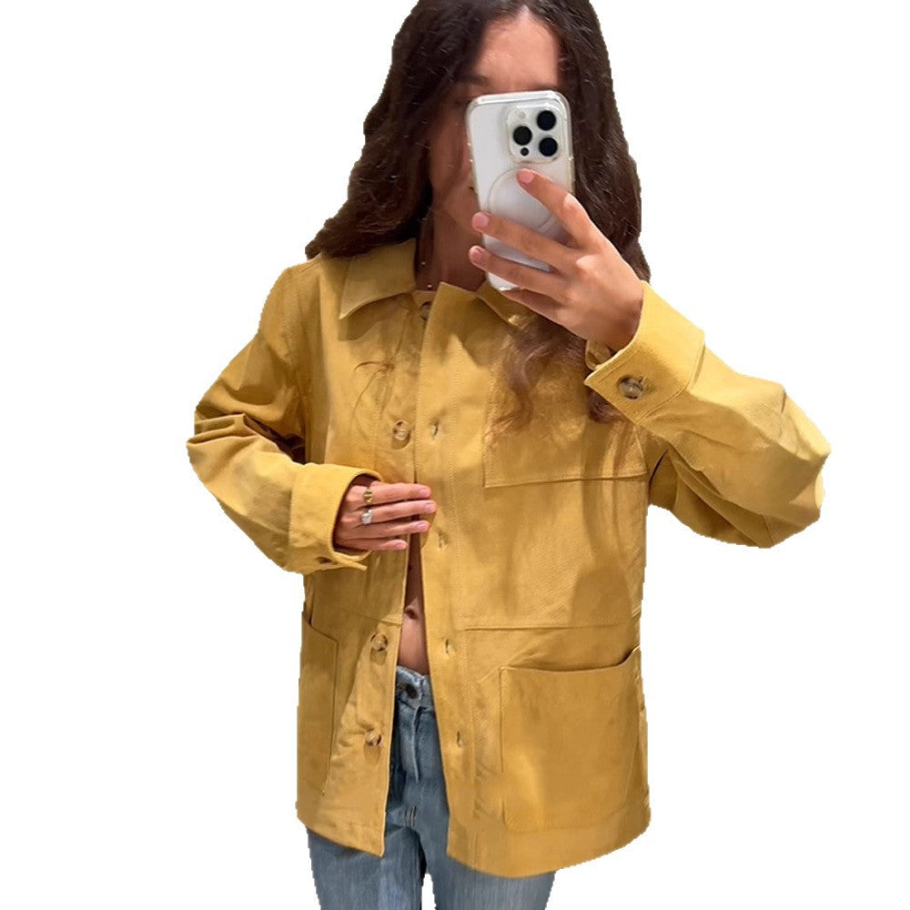 Damen modische Wildlederjacke mit praktischen Taschen Drune