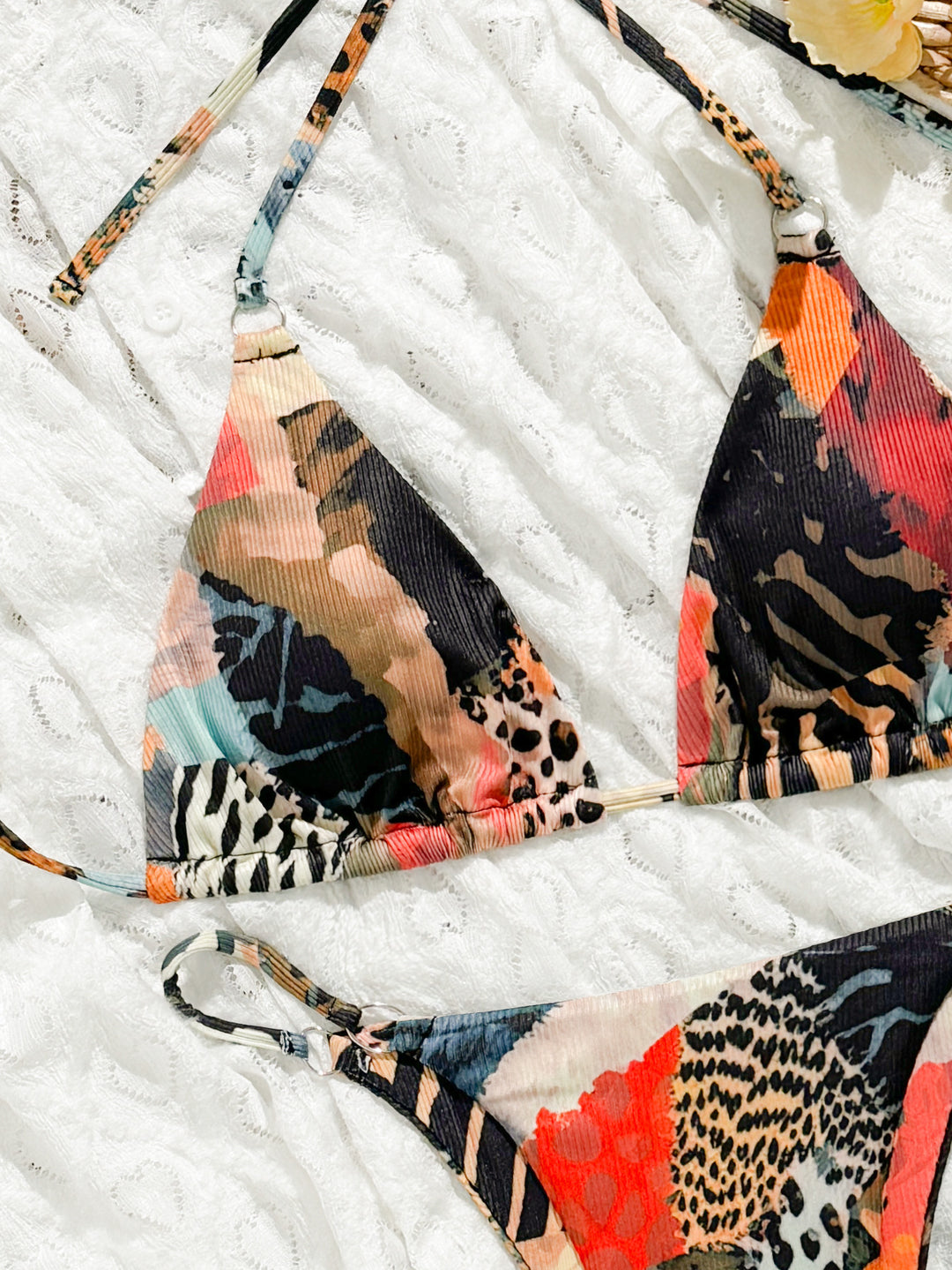 Damen Triangel-Bikini mit buntem Muster und verstellbaren Trägern Drune