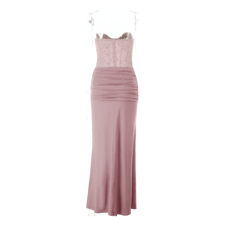 Damen schickes Maxikleid mit elegantem Bustier-Oberteil und gerafftem Rock Drune