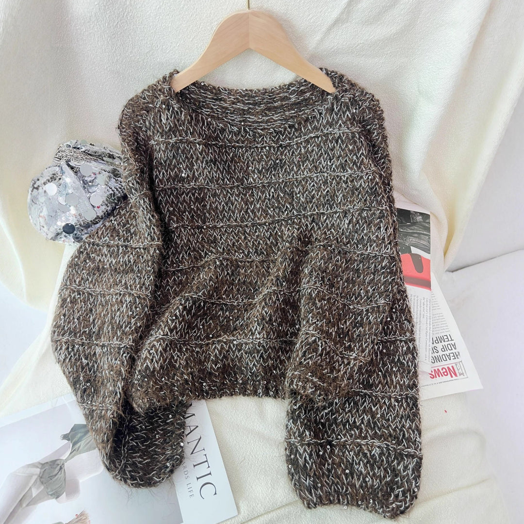 Damen modischer Grobstrickpullover mit lässigem Schnitt und Ballonärmeln Drune