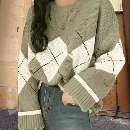 Damen Grobstrickpullover mit modernen Rautenmustern und weitem Schnitt Drune