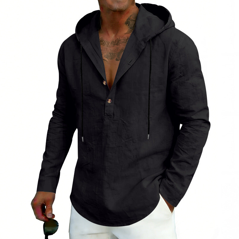 Herren nan Leinen-Henley-Kapuzenhemd mit kurzer Knopfleiste, Kapuze und relaxtem Schnitt Drune