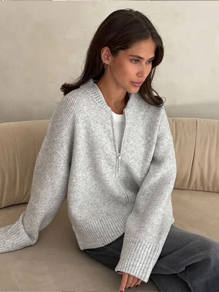 Damen lässige Strickjacke mit hohem Kragen und Reißverschluss Drune