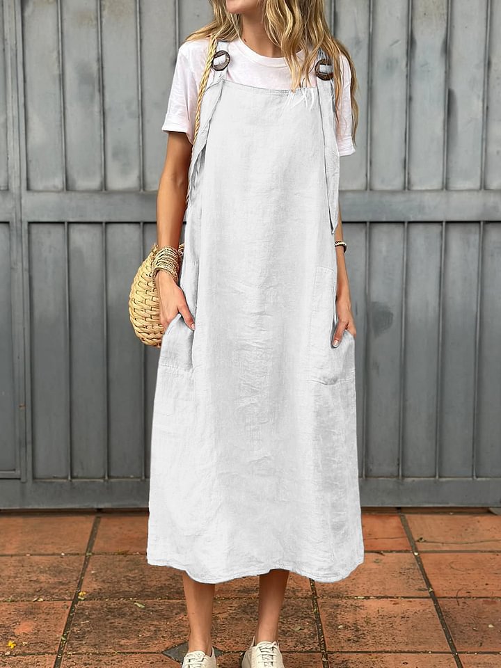 Damen Lässiges Leinenkleid mit praktischen Trägerdetails und großen Taschen Drune