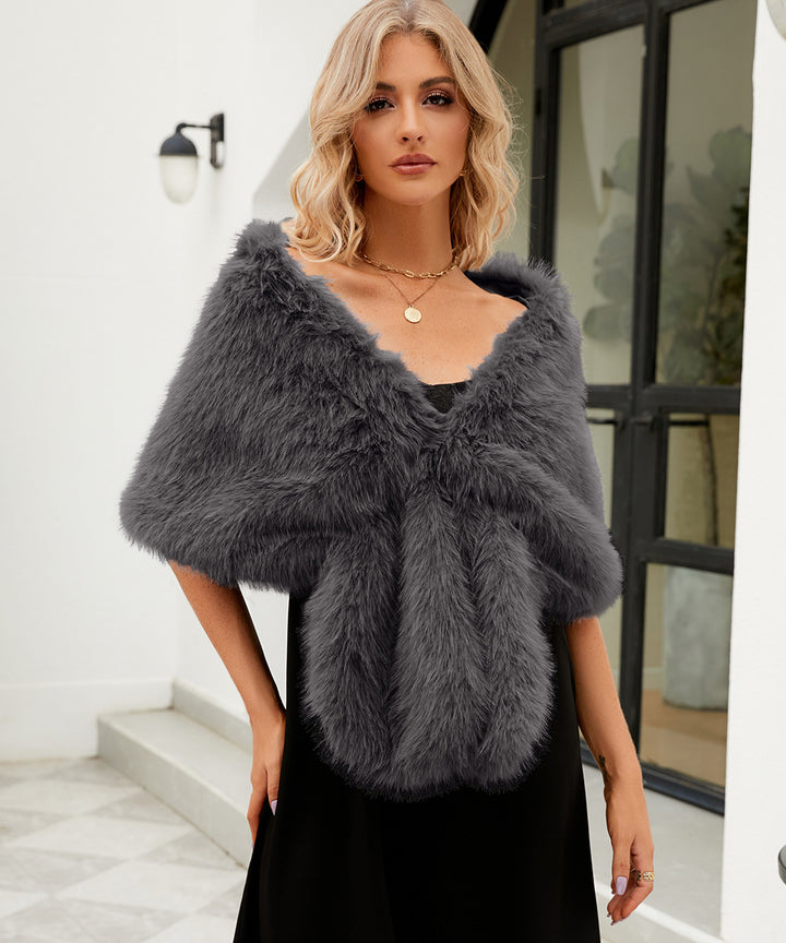 Damen Luxuriöser Kunstpelz-Cape mit flauschigem Kragen Drune