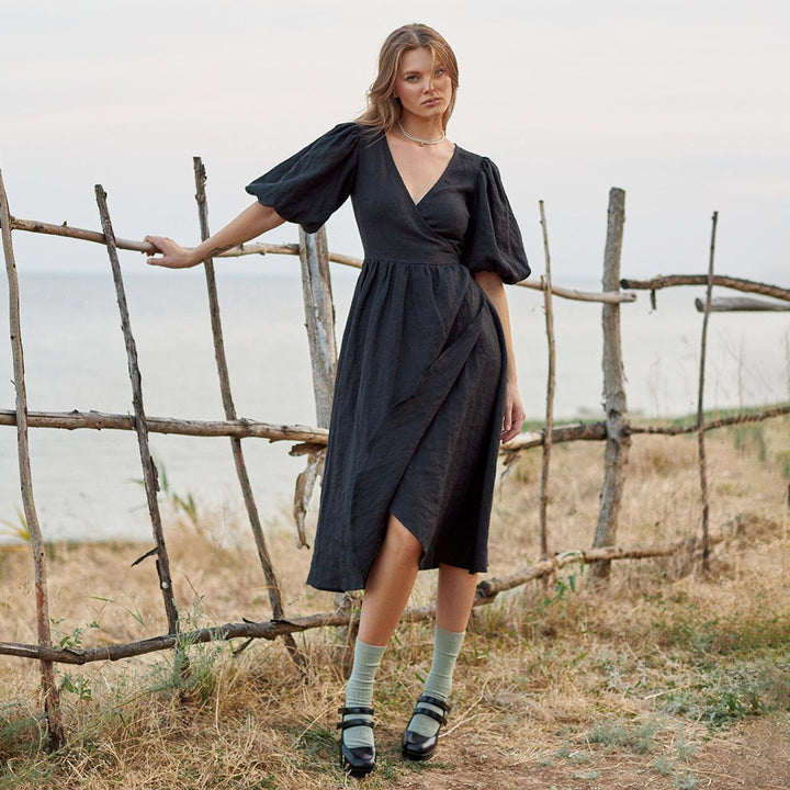 Damen lässiges Leinenkleid mit Ballonärmeln und tailliertem Gürtel Drune