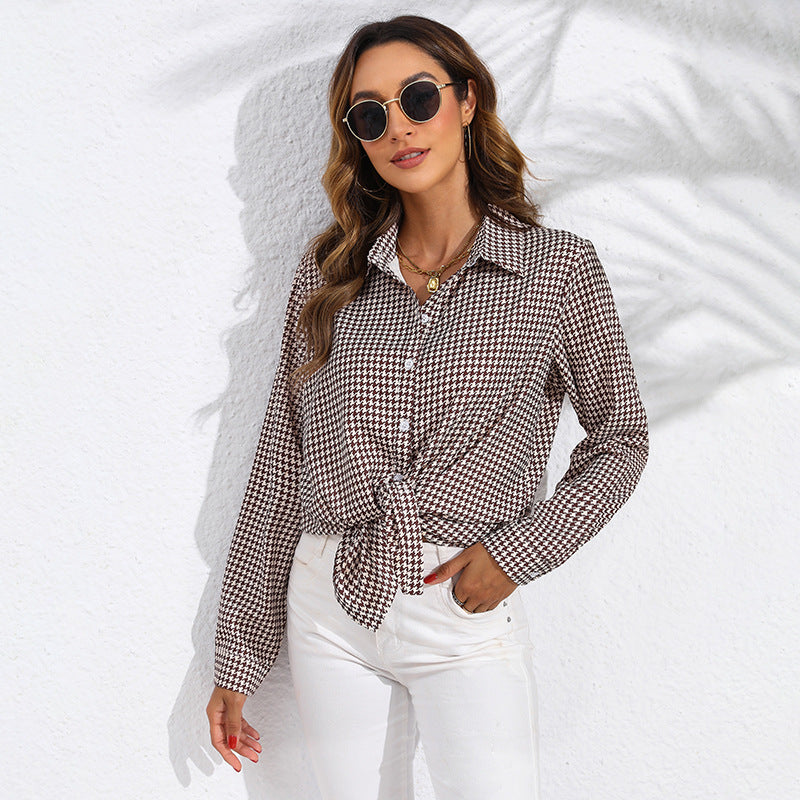 Damen nan geknotete Hahnentritt-Bluse mit Hemdkragen und durchgehender Knopfleiste Drune