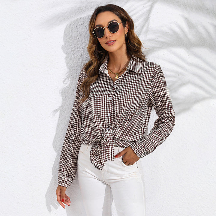 Damen nan geknotete Hahnentritt-Bluse mit Hemdkragen und durchgehender Knopfleiste Drune