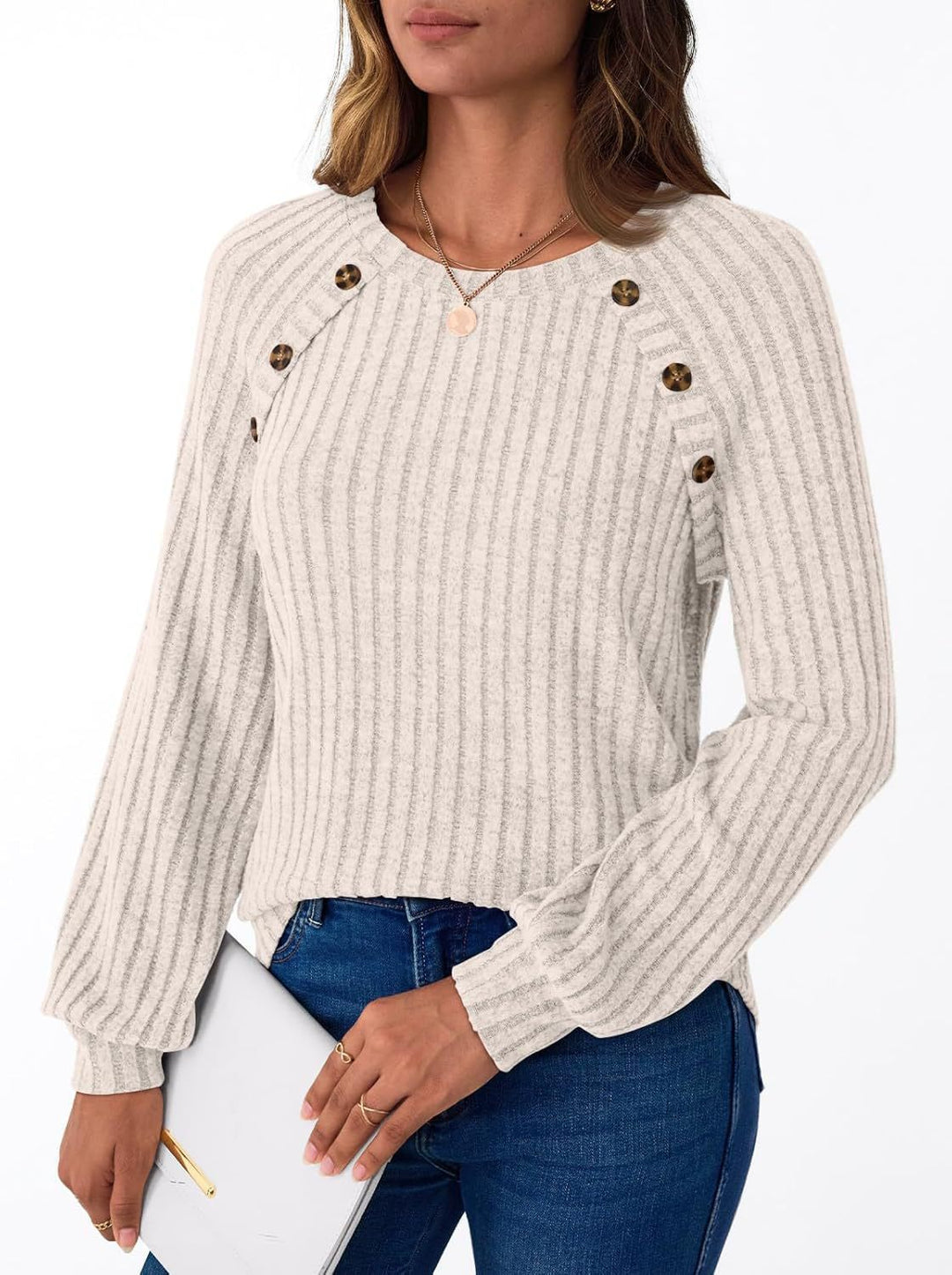 Damen Strickpullover mit dekorativen Knöpfen und feiner Rippstruktur Drune