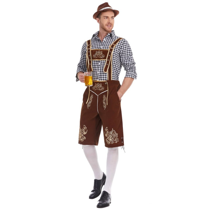 Herren nan Filzoptik-Lederhose knielang mit barocker Stickerei, verstellbaren Trägern und Dekornieten Drune